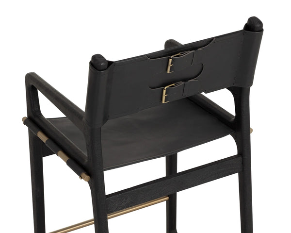 Sunpan Enver Counter Stool Acacia Wood and Top Grain Leather with Gold Stretcher Detail 112498
