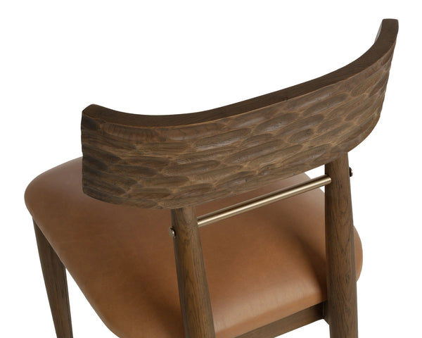 Sunpan Florian Solid Oak Dining Chair with Hand-Carved Backrest and Tan Leather Seat 112499