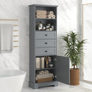 English Elm Gray Tall Storage Cabinet With 3 Drawers and Adjustable Shelves For Bathroom, Study, Office and Interior, Mdf Board With Painted Finish