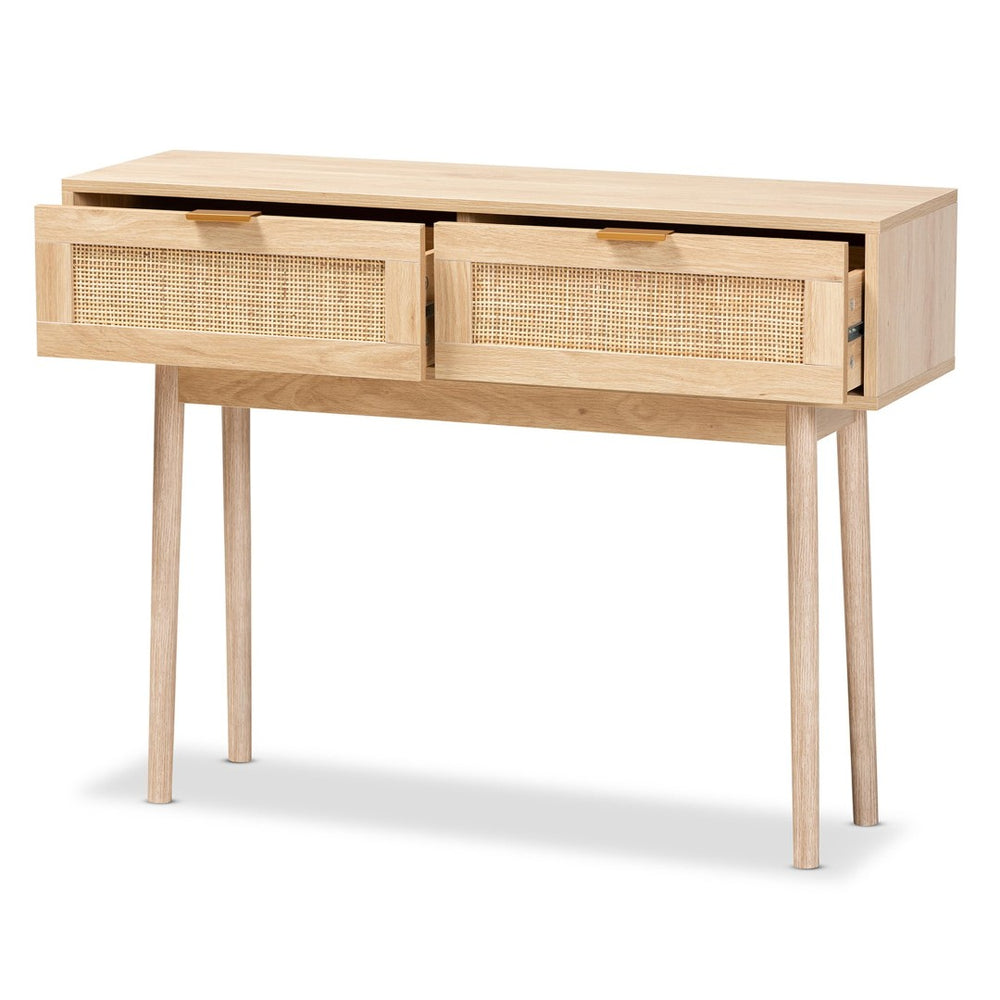Baxton Studio Baxton Studio Baird Mid-Century Console Table with Rattan Drawers & Light Oak Finish for Stylish Storage SR191632-Rattan-Console