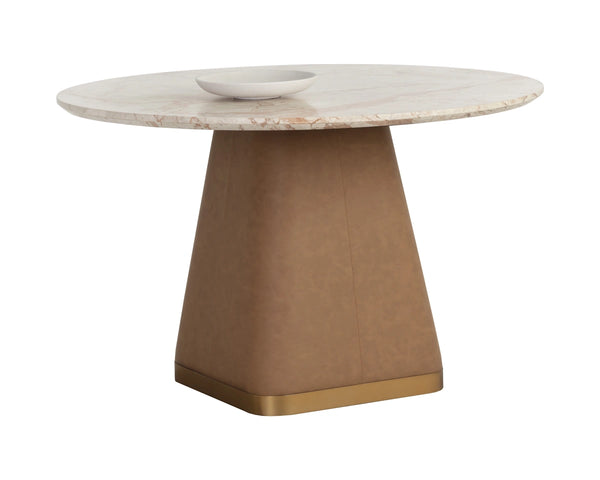Sunpan Bronwyn Round Marble Dining Table Faux Leather Base Brushed Metal Plinth 48 Inch 112501