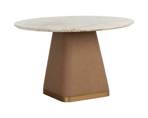 Sunpan Bronwyn Round Marble Dining Table Faux Leather Base Brushed Metal Plinth 48 Inch 112501