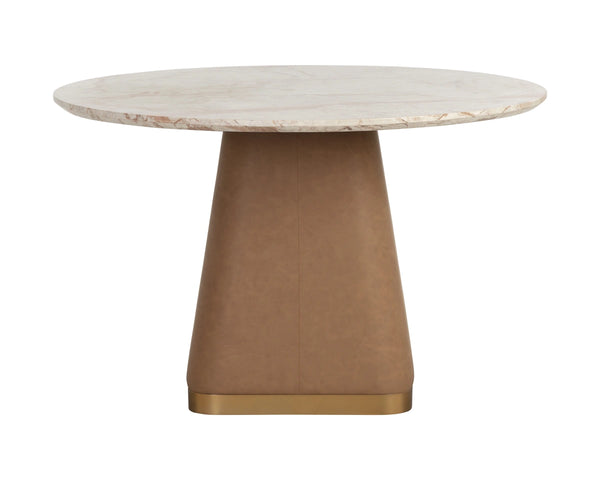 Sunpan Bronwyn Round Marble Dining Table Faux Leather Base Brushed Metal Plinth 48 Inch 112501
