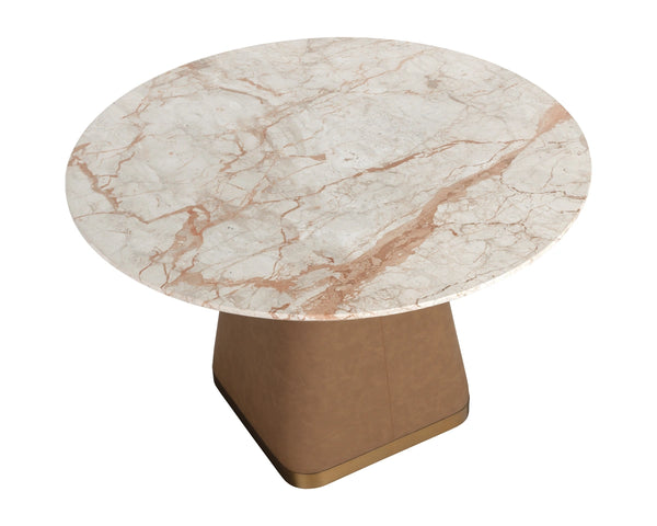 Sunpan Bronwyn Round Marble Dining Table Faux Leather Base Brushed Metal Plinth 48 Inch 112501