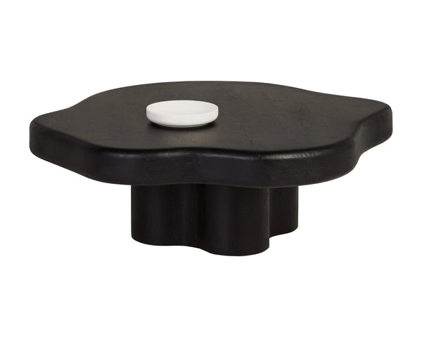 Sunpan Bellona Solid Acacia Wood Round Coffee Table Sculptural Pedestal Base Living Room Black 112514