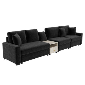 English Elm Modern Chenille Modular Sofa with Console Storage Armrest for Spacious Living Rooms Black N763S000065B