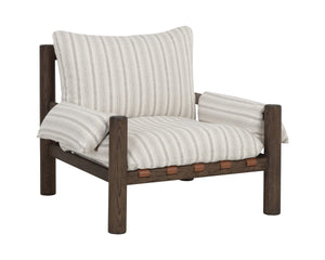 Sunpan Balto Sculptural Oak Lounge Chair with Leather Strap Detailing and Cushioned Seat 112554
