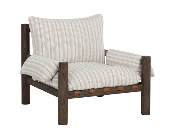 Sunpan Balto Sculptural Oak Lounge Chair with Leather Strap Detailing and Cushioned Seat 112554