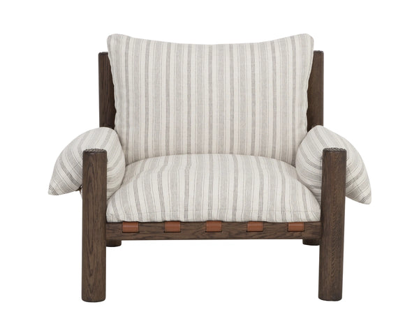 Sunpan Balto Sculptural Oak Lounge Chair with Leather Strap Detailing and Cushioned Seat 112554