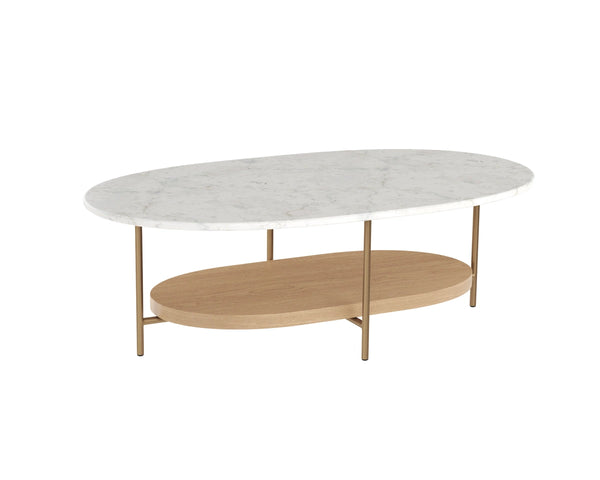 Sunpan Deja Oval Marble Top Coffee Table with Brass Frame and Acacia Wood Shelf 112555