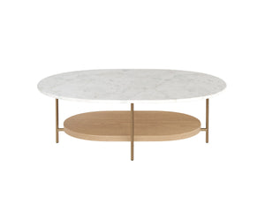 Sunpan Deja Oval Marble Top Coffee Table with Brass Frame and Acacia Wood Shelf 112555