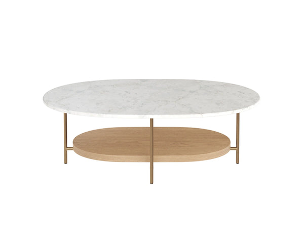 Sunpan Deja Oval Marble Top Coffee Table with Brass Frame and Acacia Wood Shelf 112555