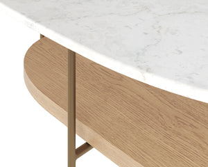 Sunpan Deja Oval Marble Top Coffee Table with Brass Frame and Acacia Wood Shelf 112555