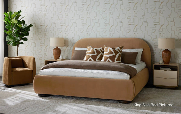 Sunpan Marin Queen Bed Velvet Upholstered Platform Frame with Curved Headboard Oak Legs 112564