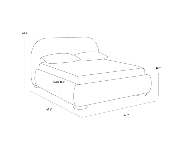 Sunpan Marin Queen Bed Velvet Upholstered Platform Frame with Curved Headboard Oak Legs 112564