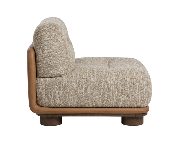 Sunpan Tomo Japandi Lounge Chair Solid Oak Base Two-Tone Fabric and Faux Leather Accent 112569