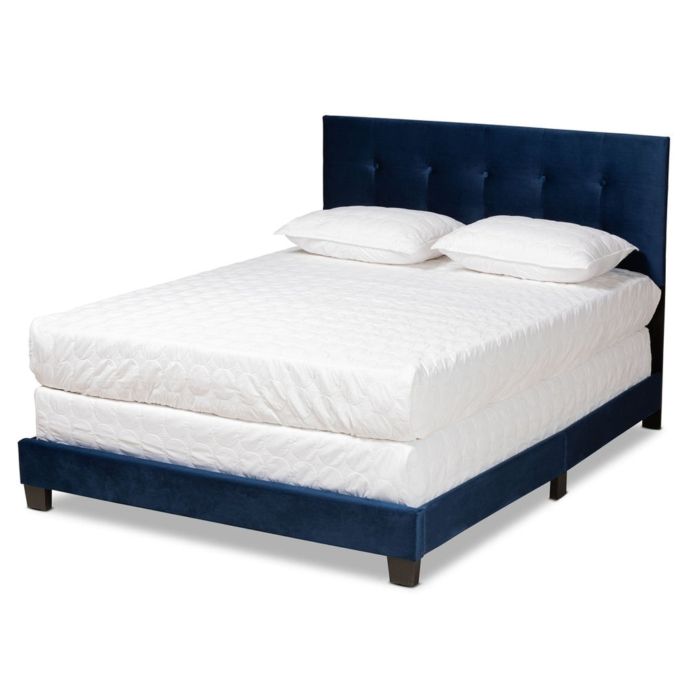 Baxton Studio Baxton Studio Caprice Glam Navy Velvet Queen Panel Bed - Luxurious, Modern Design & Comfort CF9210B-Navy Blue Velvet-Queen