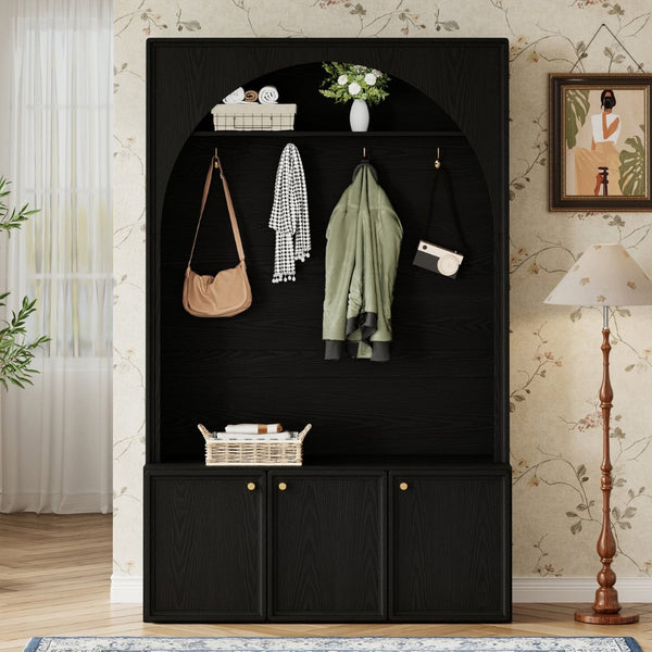 English Elm On-trend Farmhouse Hall Tree Arched Cabinet Storage Bench with Golden Hooks Mudroom Black N721S000080B