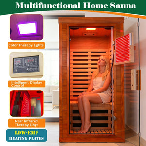 English Elm Far Infrared Sauna with Red Light Therapy Okoume Wood Cabin for Home Wellness W3973S00013