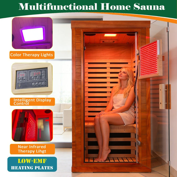 English Elm Far Infrared Sauna with Red Light Therapy Okoume Wood Cabin for Home Wellness W3973S00013
