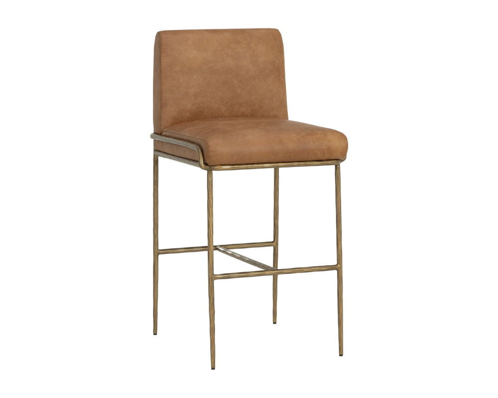 Sunpan Lathan Genuine Leather Barstool with Antique Iron Base and Built-In Handle 112614