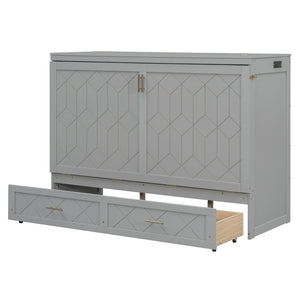 English Elm Queen Murphy Wall Bed Cabinet with Storage Drawer Built-in Power Outlets Usb Ports Gray LP000400AAE-1