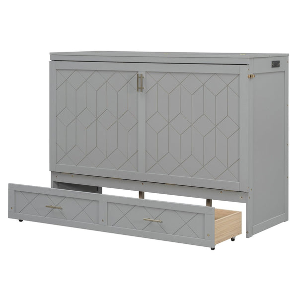English Elm Queen Murphy Wall Bed Cabinet with Storage Drawer Built-in Power Outlets Usb Ports Gray LP000400AAE-1