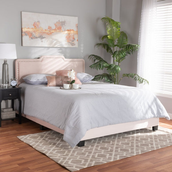 Baxton Studio Baxton Studio Glam Light Pink Velvet Upholstered Panel Bed with Padded Headboard for Stylish Comfort Benjen Queen CF9210C-Light Pink Velvet-Queen
