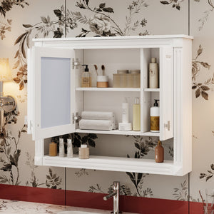 English Elm 35inch White Wall Mounted Medicine Cabinet Mirrored Doors Open Shelving Bathroom Storage N710P415335K