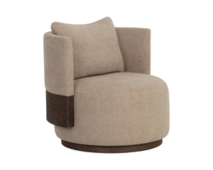 Sunpan Bastille Swivel Lounge Chair with Oak Backrest and Warm Neutral Upholstery for Living Rooms 112670