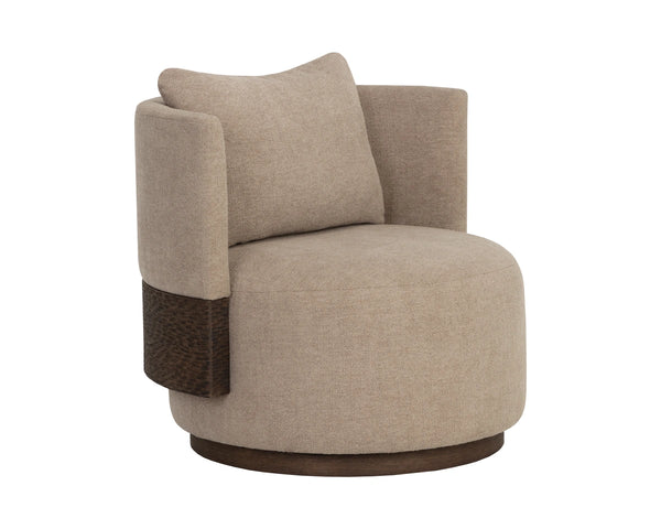 Sunpan Bastille Swivel Lounge Chair with Oak Backrest and Warm Neutral Upholstery for Living Rooms 112670