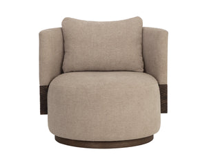 Sunpan Bastille Swivel Lounge Chair with Oak Backrest and Warm Neutral Upholstery for Living Rooms 112670