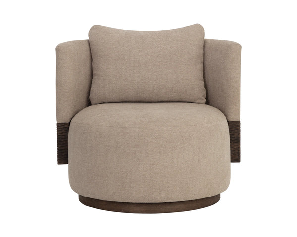 Sunpan Bastille Swivel Lounge Chair with Oak Backrest and Warm Neutral Upholstery for Living Rooms 112670