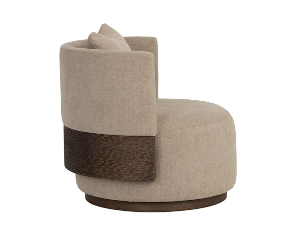 Sunpan Bastille Swivel Lounge Chair with Oak Backrest and Warm Neutral Upholstery for Living Rooms 112670