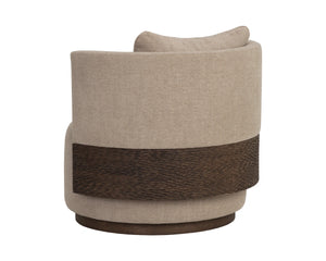 Sunpan Bastille Swivel Lounge Chair with Oak Backrest and Warm Neutral Upholstery for Living Rooms 112670