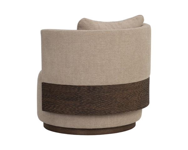 Sunpan Bastille Swivel Lounge Chair with Oak Backrest and Warm Neutral Upholstery for Living Rooms 112670