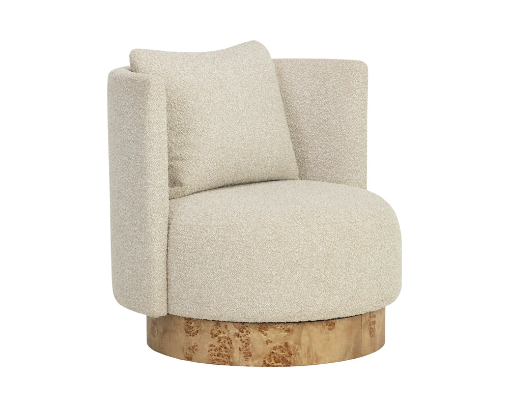 Sunpan Fortis Barrel Swivel Chair Wraparound Cocoon Seat with Maple Burl Base for Lounging 112671