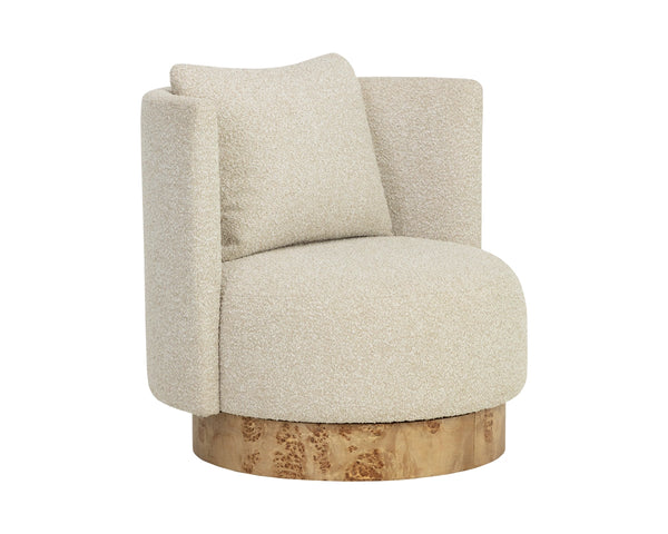 Sunpan Fortis Barrel Swivel Chair Wraparound Cocoon Seat with Maple Burl Base for Lounging 112671