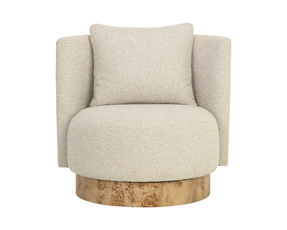 Sunpan Fortis Barrel Swivel Chair Wraparound Cocoon Seat with Maple Burl Base for Lounging 112671