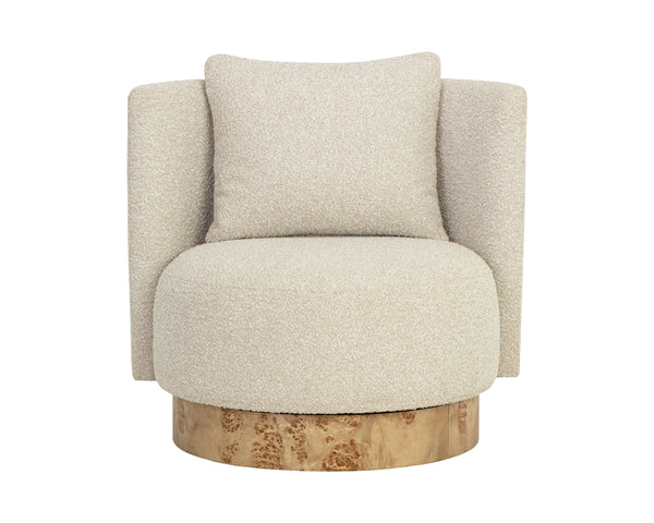 Sunpan Fortis Barrel Swivel Chair Wraparound Cocoon Seat with Maple Burl Base for Lounging 112671