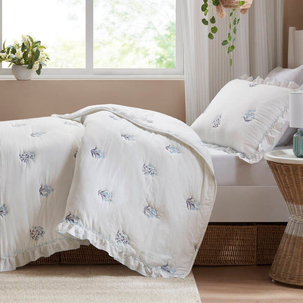 English Elm 2-piece Floral Embroidered Twin Quilt Set Romantic Ruffled Border Soft Down Alternative Fill White+Blue B035P463189