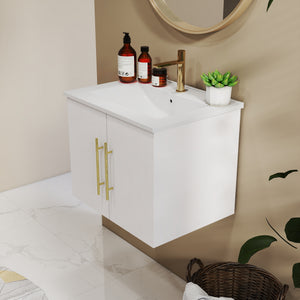 English Elm 24-Inch Wall-Mounted Bathroom Vanity With Ceramic Sink, Soft-Close Doors, Stylish Gold Handles & Storage W3151S00032