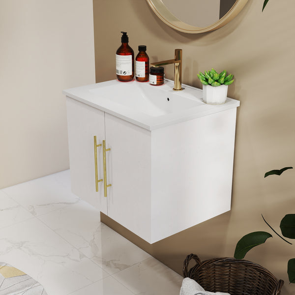 English Elm 24-Inch Wall-Mounted Bathroom Vanity With Ceramic Sink, Soft-Close Doors, Stylish Gold Handles & Storage W3151S00032