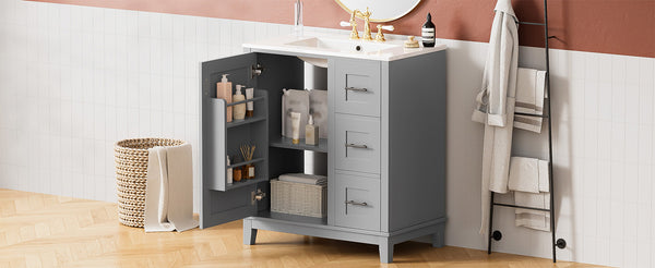 English Elm 30-inch Modern Bathroom Vanity with Ceramic Basin, Rubberwood Frame, Soft-Close Drawers & Organized Storage Grey N729P290689E