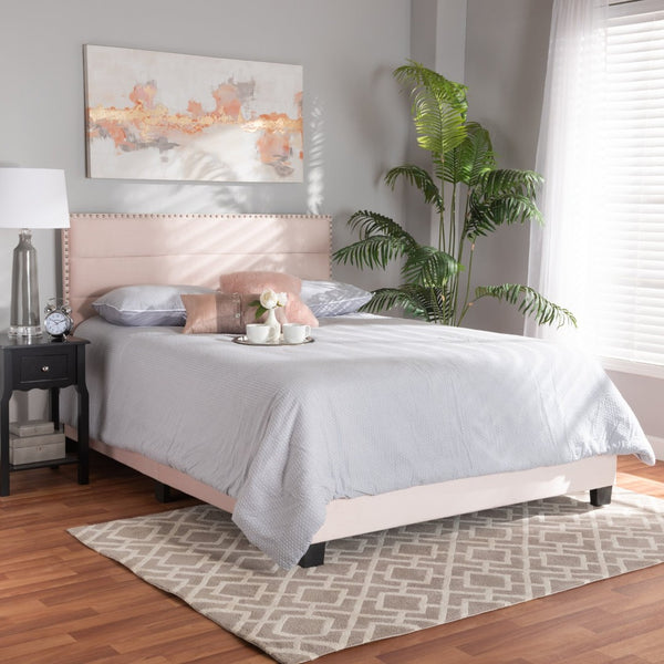 Baxton Studio Baxton Tamira Glam Light Pink Velvet Upholstered Full Panel Bed with Channel-Tufted Headboard CF9210E-Light Pink Velvet-Full