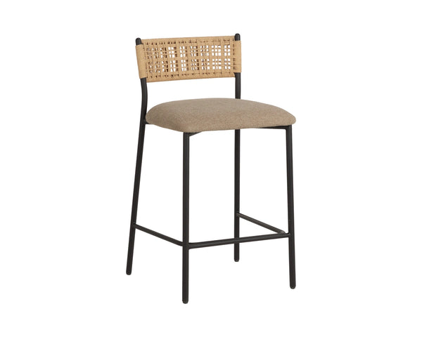 Sunpan Ernesta Counter Stool Woven Rope Back Iron Frame Artisan Bohemian Kitchen Seating Taupe 112736