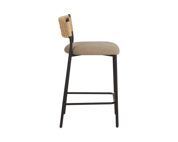 Sunpan Ernesta Counter Stool Woven Rope Back Iron Frame Artisan Bohemian Kitchen Seating Taupe 112736