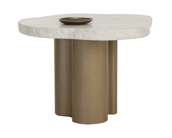 Sunpan Idris Outdoor Round Dining Table Travertine Concrete Top Antique Brass Base Patio 112747