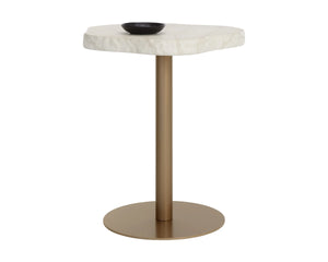 Sunpan Delmont Outdoor Bar Table Faux Travertine Concrete Top with Antique Brass Steel Base 112748