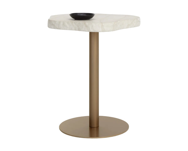 Sunpan Delmont Outdoor Bar Table Faux Travertine Concrete Top with Antique Brass Steel Base 112748